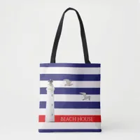 Lighthouse blue white stripes beach house tote bag