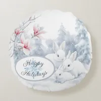 Cute White Rabbits in Snow Winter Holiday Round Pillow