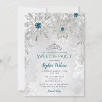 Silver Aqua Snowflakes Tiara Sweet 16  Invitation