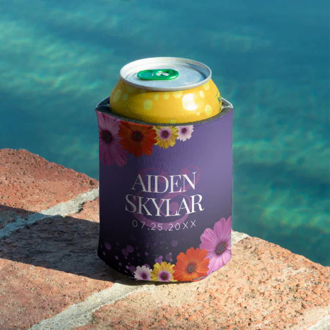 Elegant Daisies with Purple Glitter Wedding Can Cooler