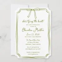 She's Tying the Knot Bow Olive Green Bridal Shower Invitation