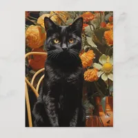 Black Cat With Orange Flowers Postcard
