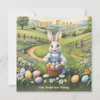 Cute Easter Bunny with Basket of Eggs Personalized Holiday Card