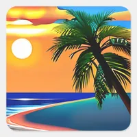 Tropical Palm Trees and Ocean Colorful Square Sticker