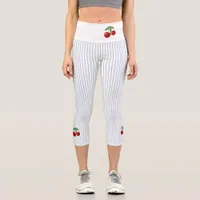 Red Cherries on Blue Stripes Custom Capri Leggings