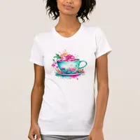 Vintage Coffee Cup with Pink and Orange Flowers T-Shirt