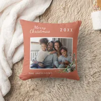 Christmas family photo dusty earth cone pine name throw pillow