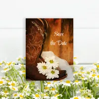 White Daisies Cowboy Boots Wedding Save the Date Announcement Postcard