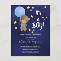 Baby shower teddy bear boy blue stars invitation postcard