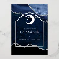 Navy and Silver Agate Eid Mubarak Foil Holiday Card