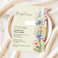 Floral cross girl boy twins pink blue Baptism Invitation