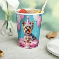 Cute Pink Yorkie Birthday Paper Cups