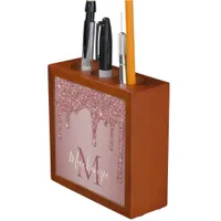Luxury Rose Gold Dripping Glitter Monogram Desk Organizer