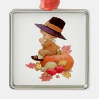 Vintage Pilgrim Boy Praying on Pumpkin Metal Ornament