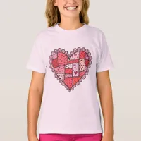 Valentine's Day Faux Patchwork Heart Doodle Kids T-Shirt