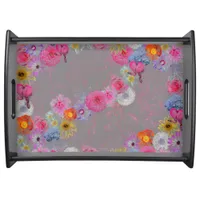 Vintage look floral pattern on gray serving tray