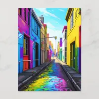 A colorful city street postcard