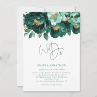 Emerald Gold Flowers Photo QR Code Wedding Invitation