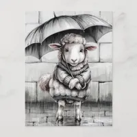 Cute Sheep With Umbrella Black and White Postcard