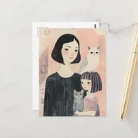 Mother and Daughter With Cat and Owl Cat Postcard