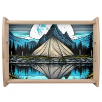 Reflection of a Tent on the Lake in the Mountains Serving Tray