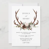 Boho Rustic Floral Antlers Wedding Invitation