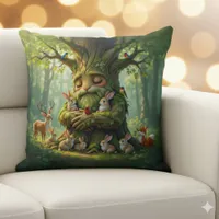 Whimsical Father Tree with Woodland Creatures Throw Pillow