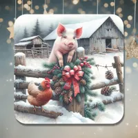 Cute Pig and Chicken Christmas Farm   Square Sticker