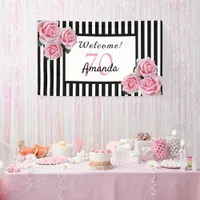 70th birthday party black white stripes florals banner