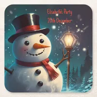 Cheerful Snowman Party Invitation  - Festive Card. Square Paper Coaster