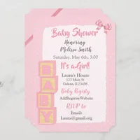 Pink Blocks and Bows  Baby Girl Baby Shower Invitation