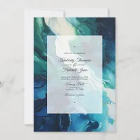 Navy Blue, Emerald Green and Silver Ink Wedding Invitation