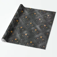 Black and Orange Floral Damask Pattern Wrapping Paper
