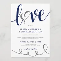 Wedding Love Script Navy Blue & Gray Heart Invitation