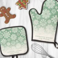 Winter Snowflakes on Green Cute Ombre Christmas Oven Mitt & Pot Holder Set