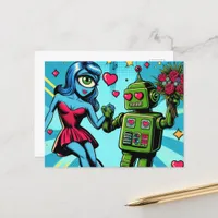 Blue Alien Woman and a Green Robot Postcard