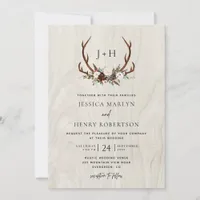 Rustic Wood Boho Antlers Monogram Wedding Invitation