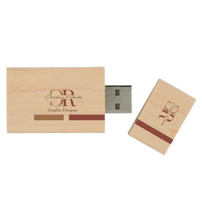 Simple Modern Burgundy Gold Monogram Wood Flash Drive