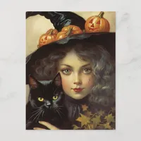 Vintage Witch and Black Cat Jack O Lantern Postcard