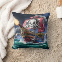 Pirate Ship Engaged in Battle on Stormy Seas Throw Pillow