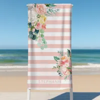 Nautical Stripes Watercolor Floral Pink Name Beach Towel