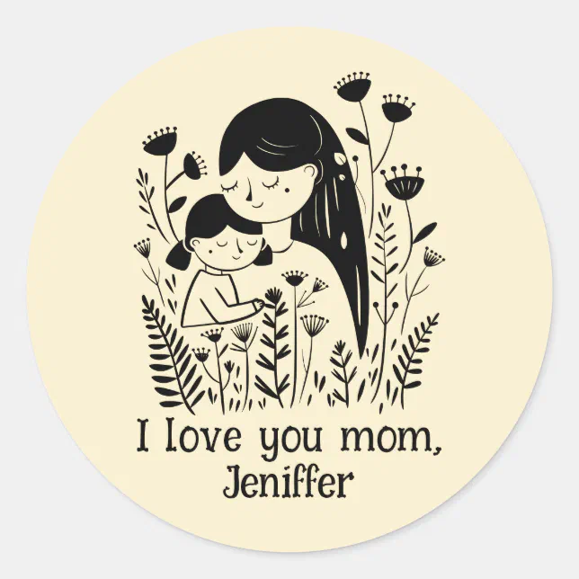 Cute Mother & Daughter Hugging Mother's Day Yellow Classic Round Sticker