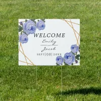 Elegant Gold Glitter Geometric Blue Floral Wedding Sign