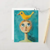 Whimsical Woman with yellow bird on her head Postcard
