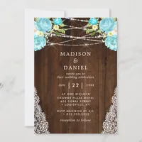 Aqua Mint Rustic Wood String Lights Floral Wedding Invitation