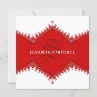 Stylish White Red Lace Monogram Wedding Invitation