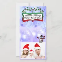 Blue Xmas Balls, Snowman, Trees, Holly Holiday Card