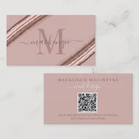 Rose Gold Foil Copper Brush Monogram QR Code Business Card