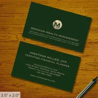 Dark Green Gold Monogram Financial Business Card