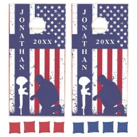 American Flag Blue Cross Soldier Memorial Name Cornhole Set